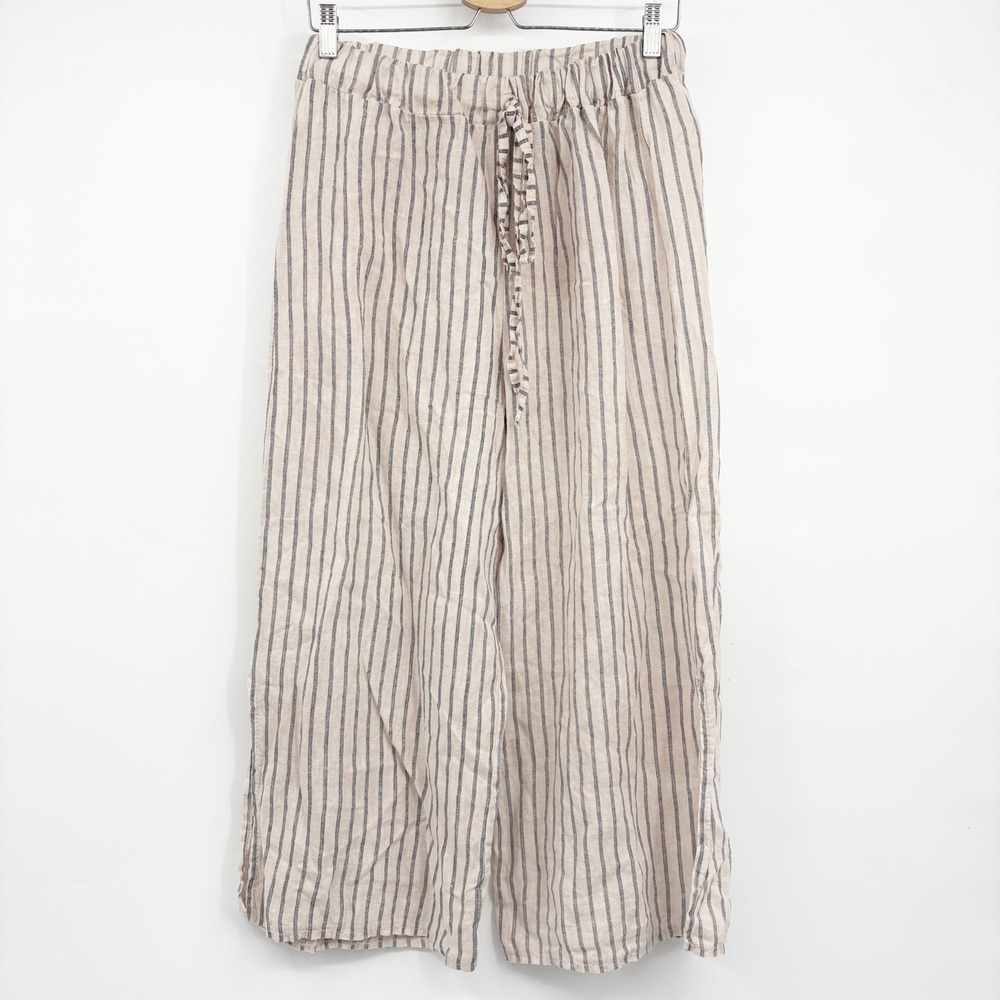Gigi Moda Women Linen Striped Coastal Chic Wide Leg Pants One Size Made in Italy